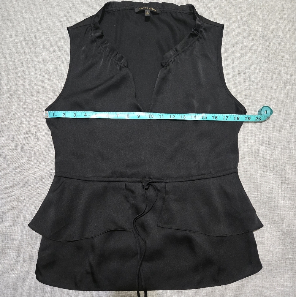 CYNTHIA STEFFE Hanna Black Ruffle Blouse Drawstring Waist Sleeveless Size Medium - Picture 9 of 14